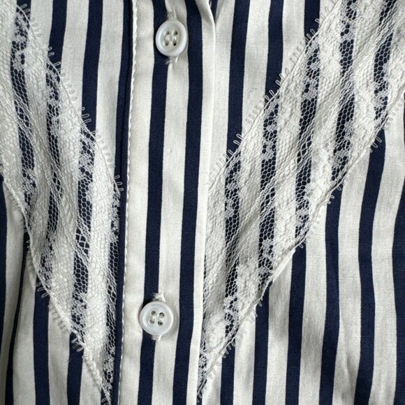 Walter Baker Womens Navy Striped Button Down Shirt M Cold Shoulder Lace Ruffle - Picture 4 of 11